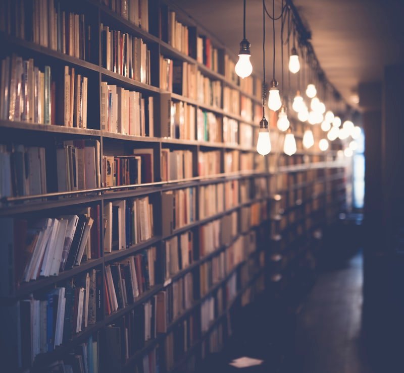 Tall library shelves receding down a corridor, lit by hanging bulbs.